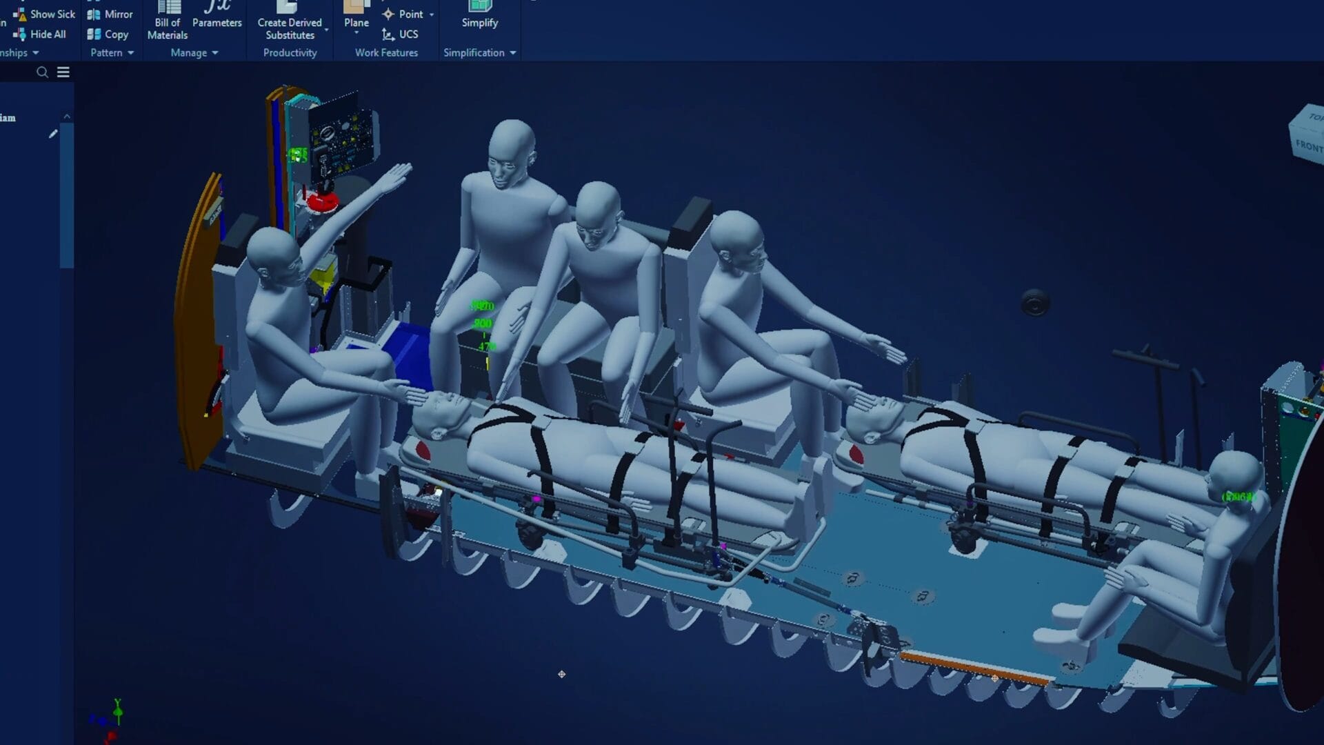 A screenshot of a CAD engineering model of the interior of an air ambulance aircraft showing a mockup of passenger placement.